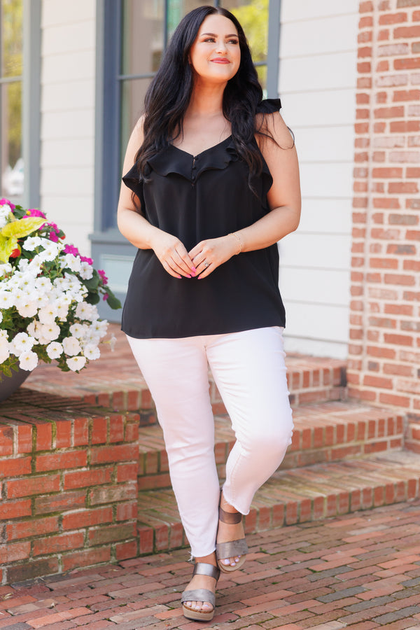 Chic Soul plus size clothing, black flowy tank with ruffles on neckline and flutter sleeves