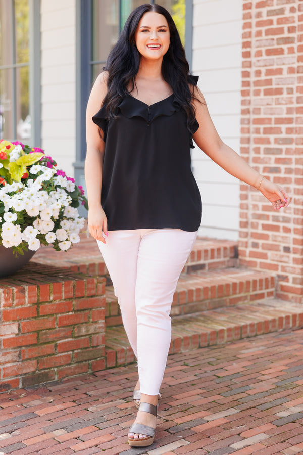 Chic Soul plus size clothing, black flowy tank with ruffles on neckline and flutter sleeves