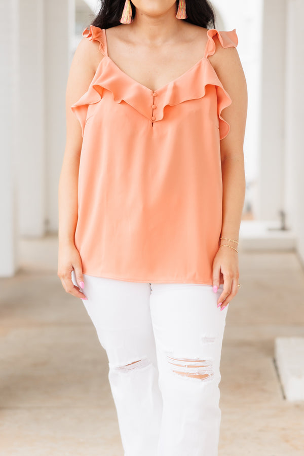 Chic Soul plus size clothing, peach flowy tank with ruffles on neckline and flutter sleeves
