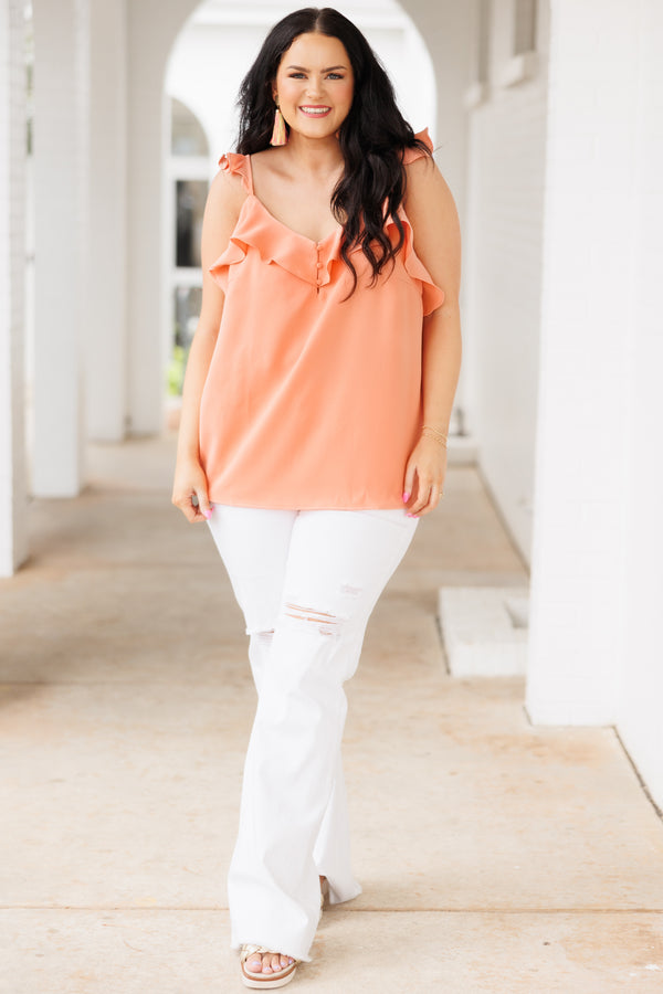 Chic Soul plus size clothing, peach flowy tank with ruffles on neckline and flutter sleeves
