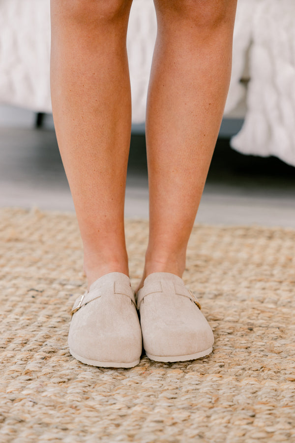 Chic Soul plus size clothing, sand colored mules with gold buckle accents 