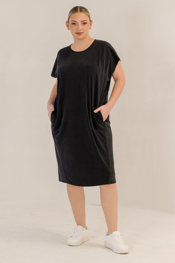 Chic Soul plus size clothing, soft stretchy black short sleeve knee length dress with round neckline
