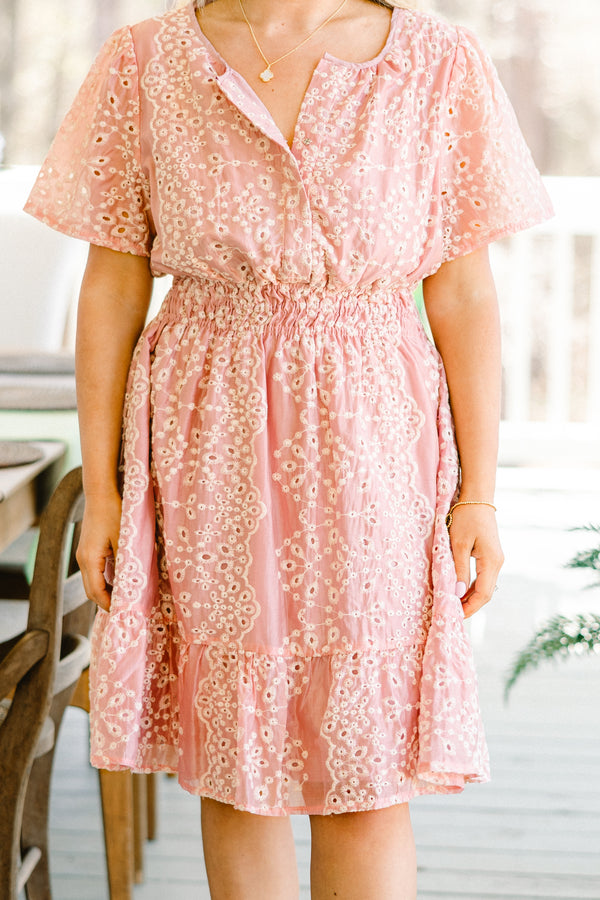 Chic Soul plus size clothing, short-sleeve pink ruffled dress with a smocked waistline and a button-down-neckline with an off-white eyelet pattern