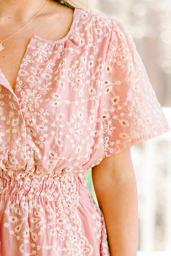 Chic Soul plus size clothing, short-sleeve pink ruffled dress with a smocked waistline and a button-down-neckline with an off-white eyelet pattern