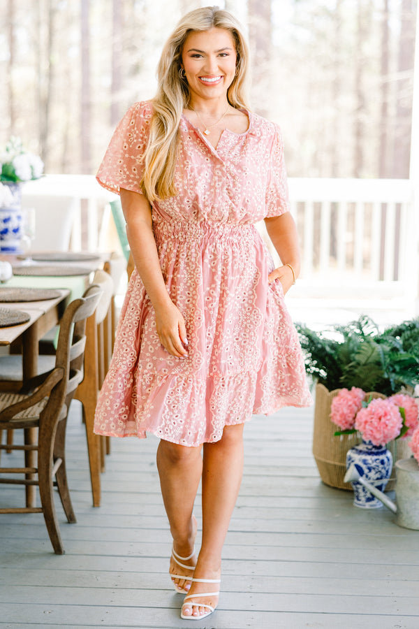 Chic Soul plus size clothing, short-sleeve pink ruffled dress with a smocked waistline and a button-down-neckline with an off-white eyelet pattern