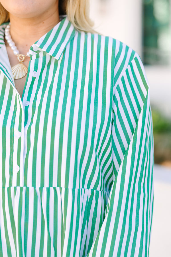 Chic Soul plus size clothing, kelly green striped midi dress with three tiers as well has half sleeves and buttons that go to the bottom of the chest area 