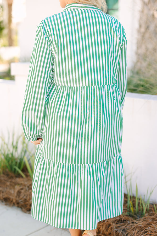 Chic Soul plus size clothing, kelly green striped midi dress with three tiers as well has half sleeves and buttons that go to the bottom of the chest area 