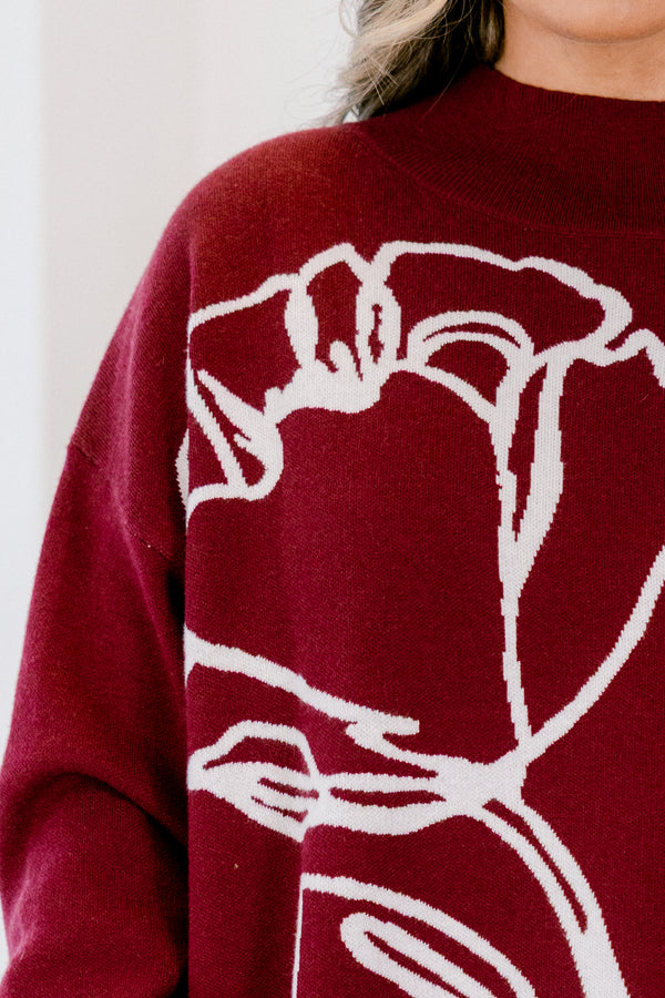 Chic Soul plus size clothing, long sleeve burgundy sweater with mock neckline and textured white floral design