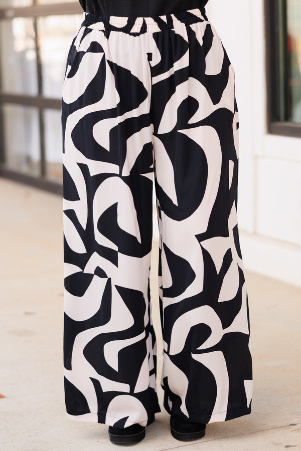 Chic Soul plus size clothing, black and neutral abstract pattern flowy pants