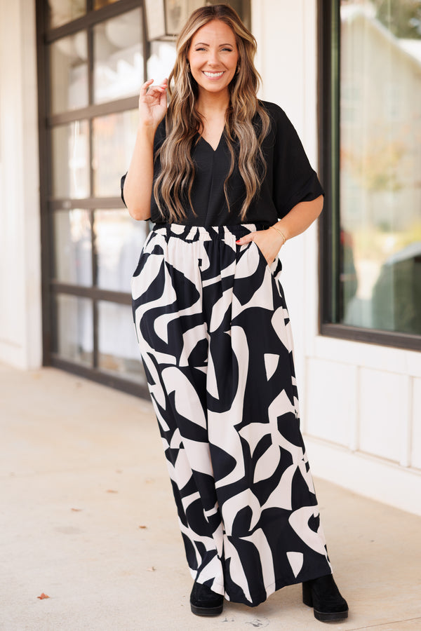 Chic Soul plus size clothing, black and neutral abstract pattern flowy pants