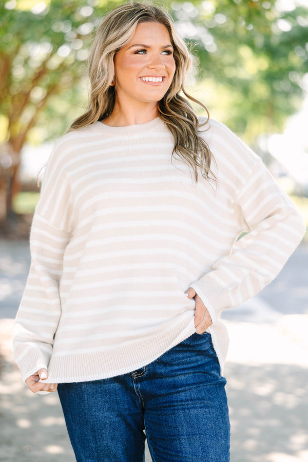 Plus size cream and white striped Made To Relax Sweater with a cozy, oversized fit.
