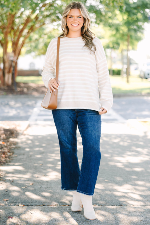 Plus size cream and white striped Made To Relax Sweater with a cozy, oversized fit.
