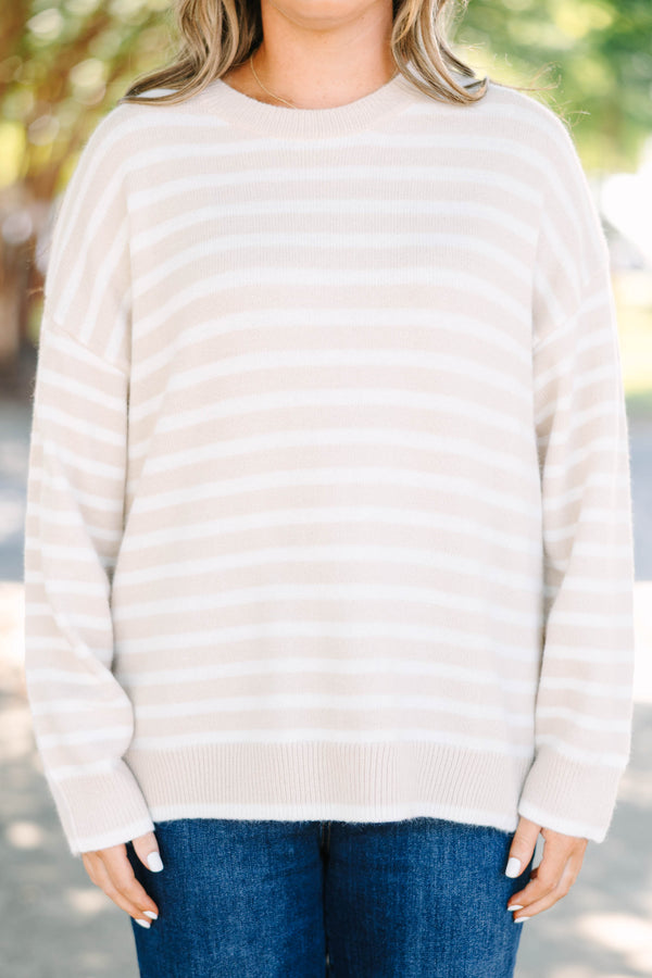 Plus size cream and white striped Made To Relax Sweater with a cozy, oversized fit.