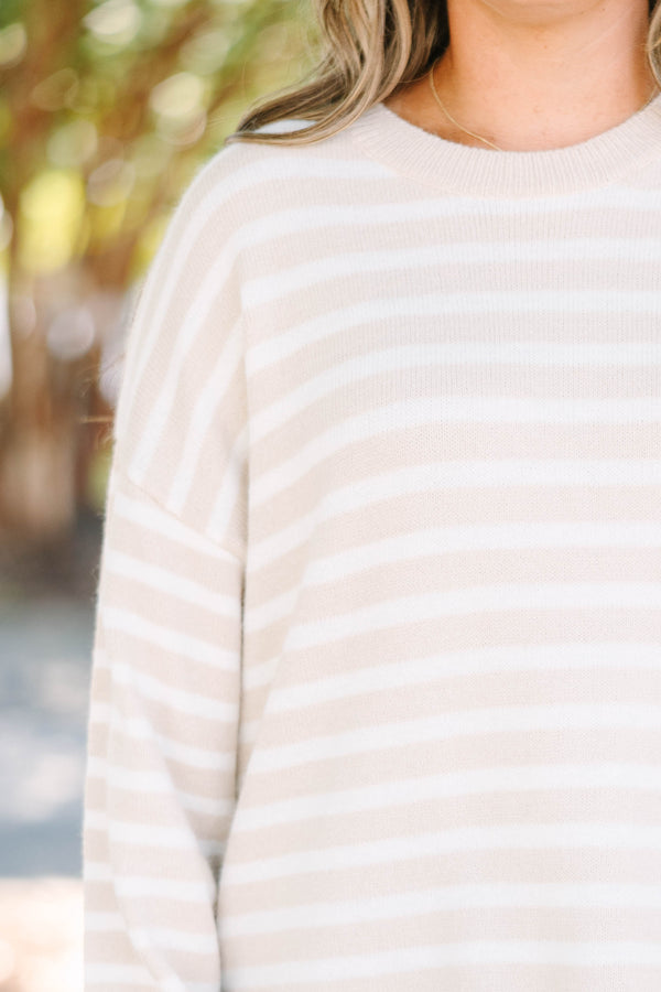 Plus size cream and white striped Made To Relax Sweater with a cozy, oversized fit.