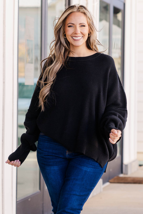 Chic Soul plus size clothing, black sweater regular length, longer on the sides chunky sweater with outward seamlines