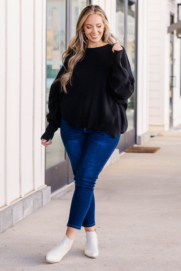 Chic Soul plus size clothing, black sweater regular length, longer on the sides chunky sweater with outward seamlines