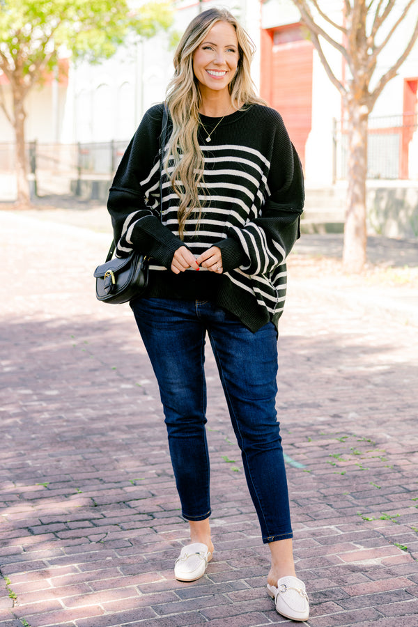 Chic Soul plus size clothing, black striped long sleeve sweater 