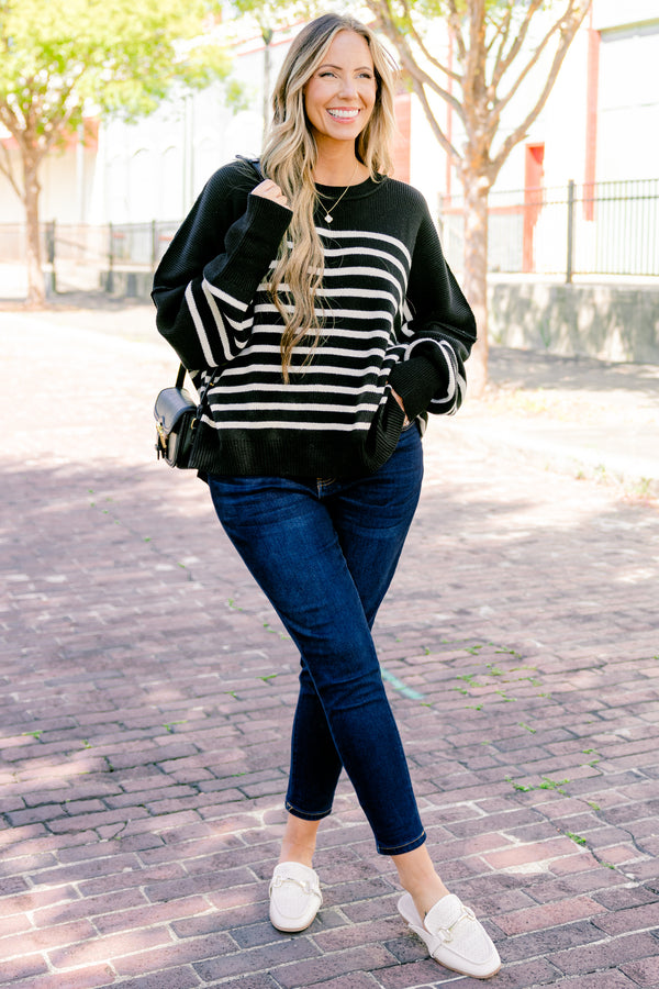 Chic Soul plus size clothing, black striped long sleeve sweater 