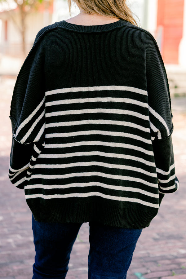 Chic Soul plus size clothing, black striped long sleeve sweater 