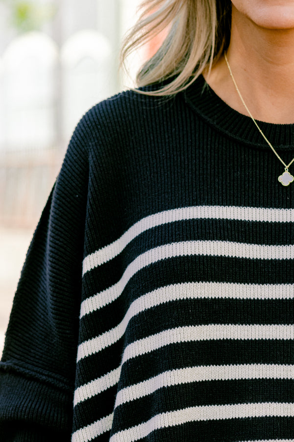 Chic Soul plus size clothing, black striped long sleeve sweater 