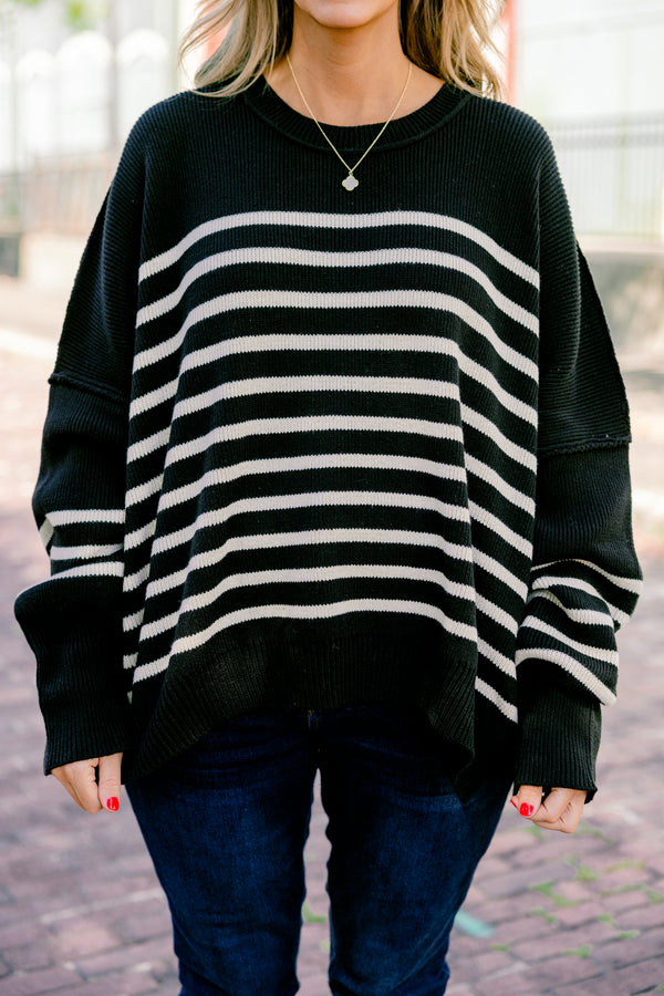 Chic Soul plus size clothing, black striped long sleeve sweater 