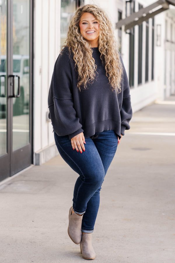 Chic Soul plus size clothing, charcoal colored shorter length sweater with slight bubble sleeves and outward seams