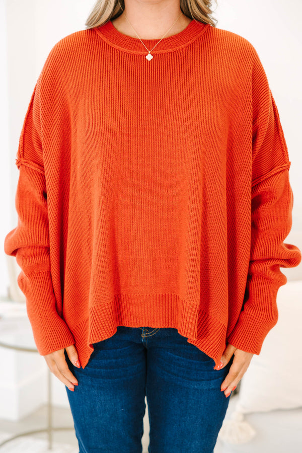 Chic Soul plus size clothing, clay colored sweater regular length, longer on the sides chunky sweater with outward seamlines