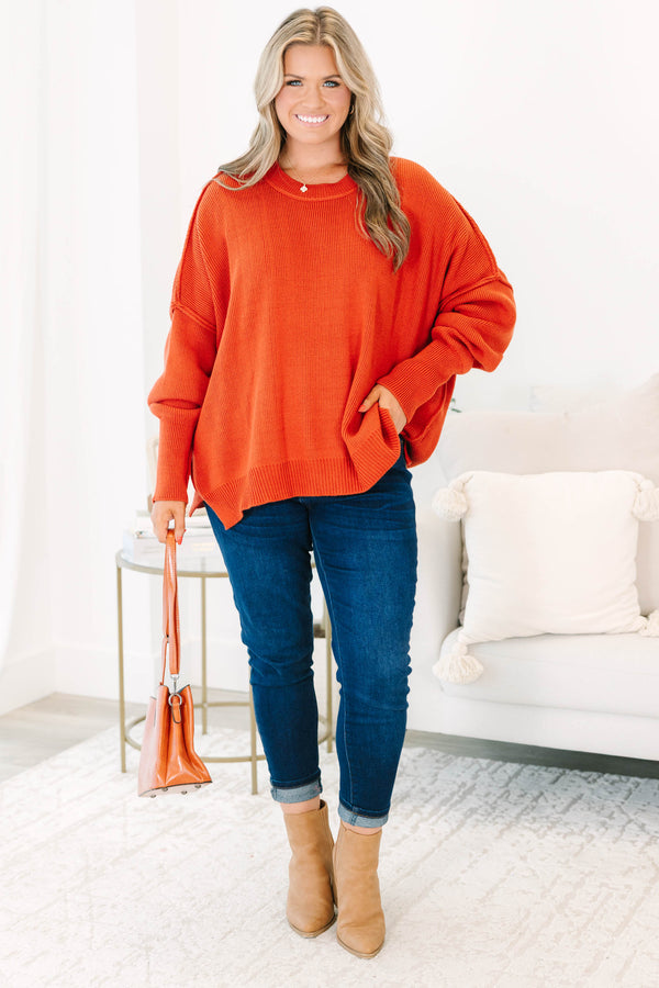 Chic Soul plus size clothing, clay colored sweater regular length, longer on the sides chunky sweater with outward seamlines