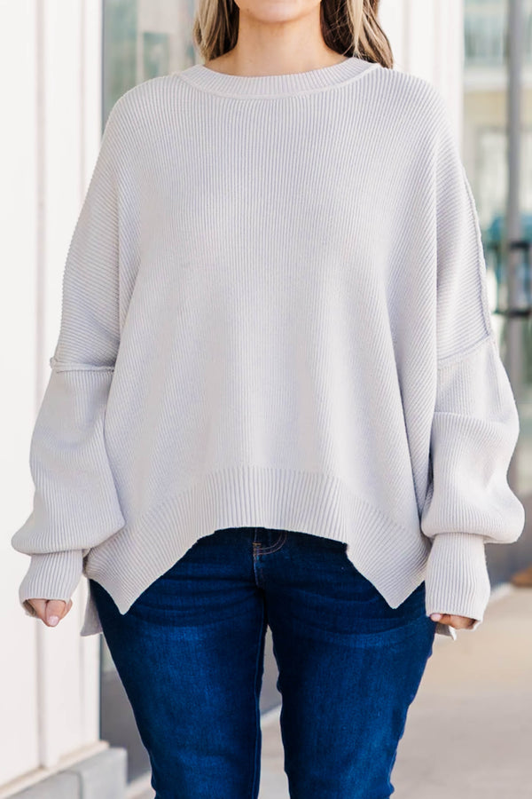 Chic Soul plus size clothing, light grey knitted sweater with bubble sleeves and seamline details