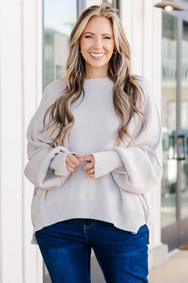 Chic Soul plus size clothing, light grey knitted sweater with bubble sleeves and seamline details