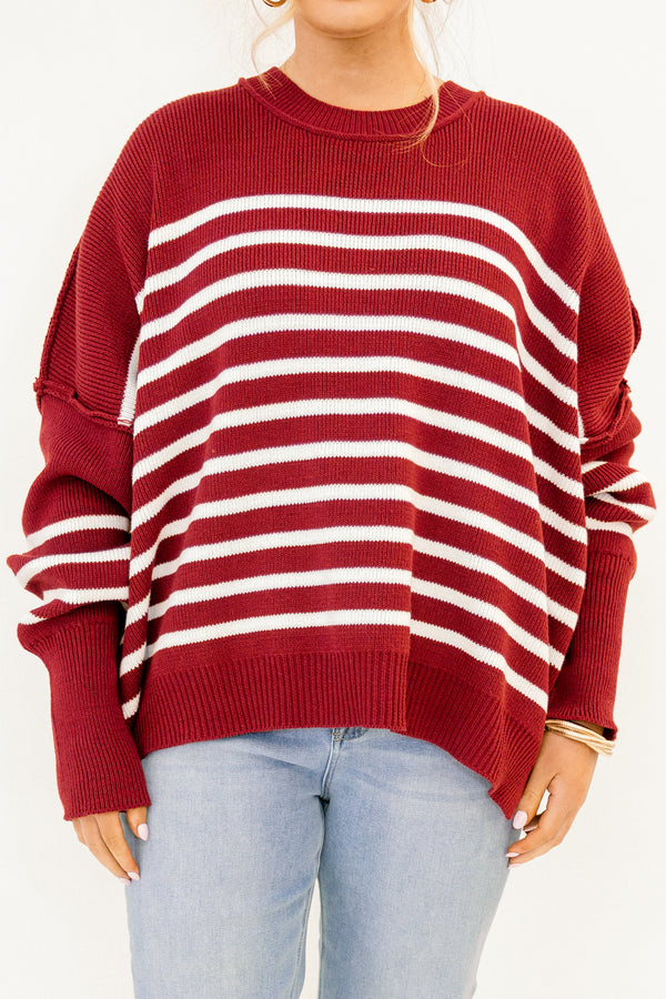 Chic Soul plus size clothing, long sleeve maroon sweater with white stripes and drop sleeves