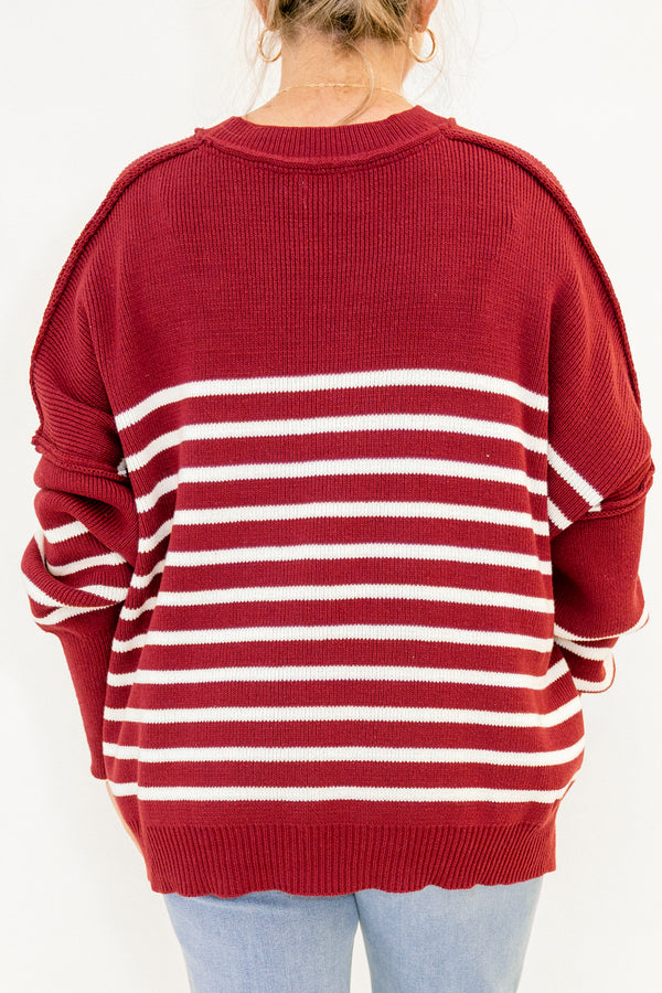 Chic Soul plus size clothing, long sleeve maroon sweater with white stripes and drop sleeves
