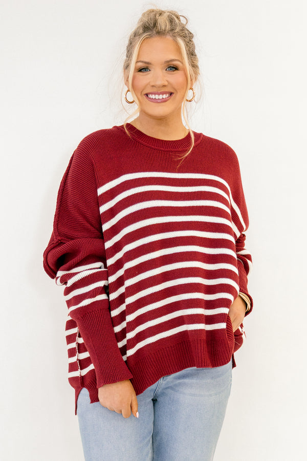 Chic Soul plus size clothing, long sleeve maroon sweater with white stripes and drop sleeves