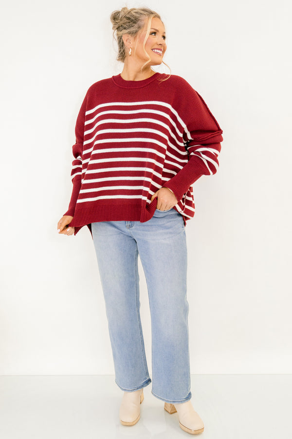 Chic Soul plus size clothing, long sleeve maroon sweater with white stripes and drop sleeves