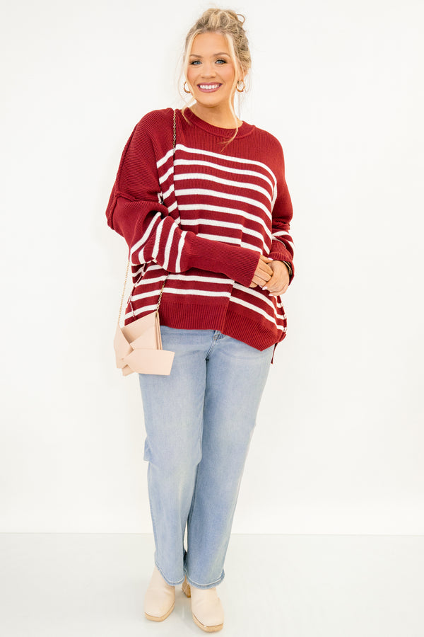 Chic Soul plus size clothing, long sleeve maroon sweater with white stripes and drop sleeves