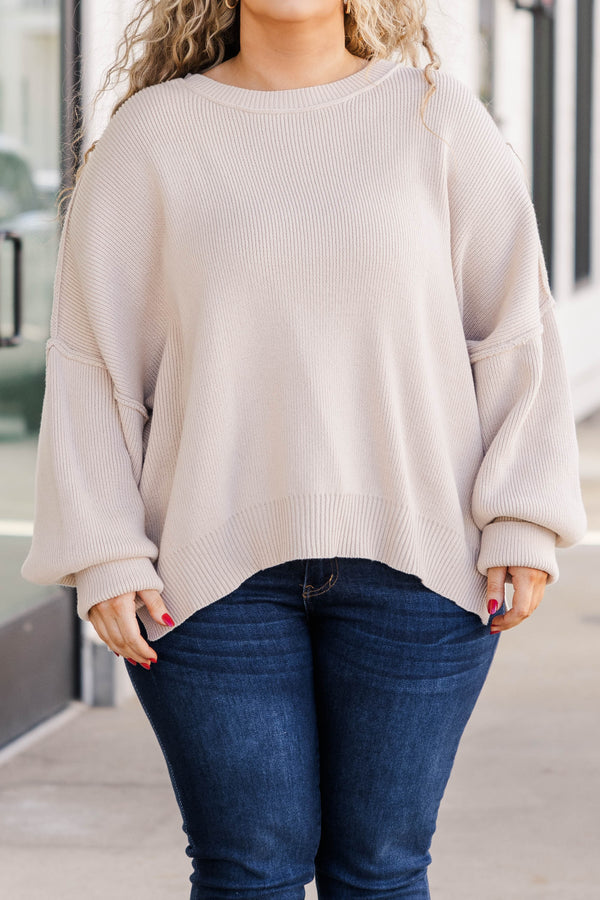 Chic Soul plus size clothing, taupe colored sweater regular length, longer on the sides chunky sweater with outward seamlines
