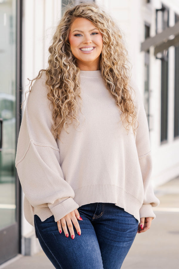 Chic Soul plus size clothing, taupe colored sweater regular length, longer on the sides chunky sweater with outward seamlines