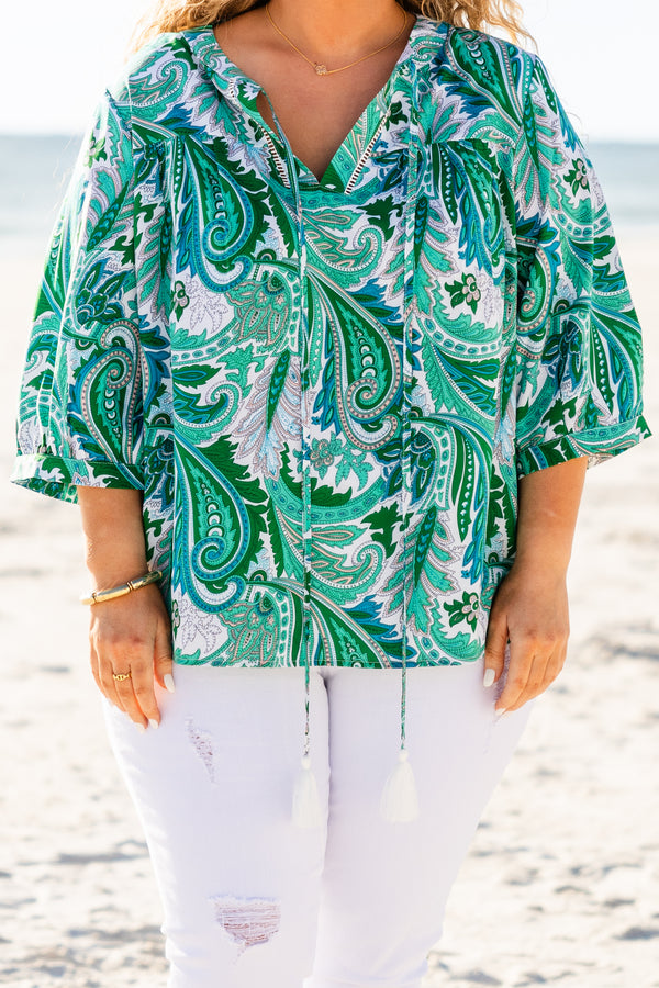 Chic Soul plus size clothing, green paisley print top with three quarter length sleeves