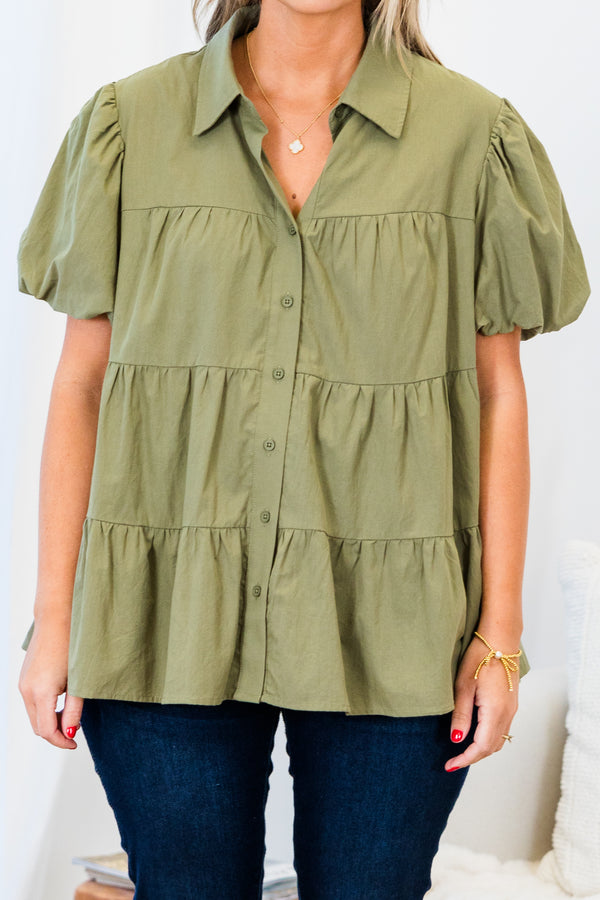 Chic Soul plus size clothing, short-sleeve olive green collared buttoned ruffled babydoll top with puffed sleeves 