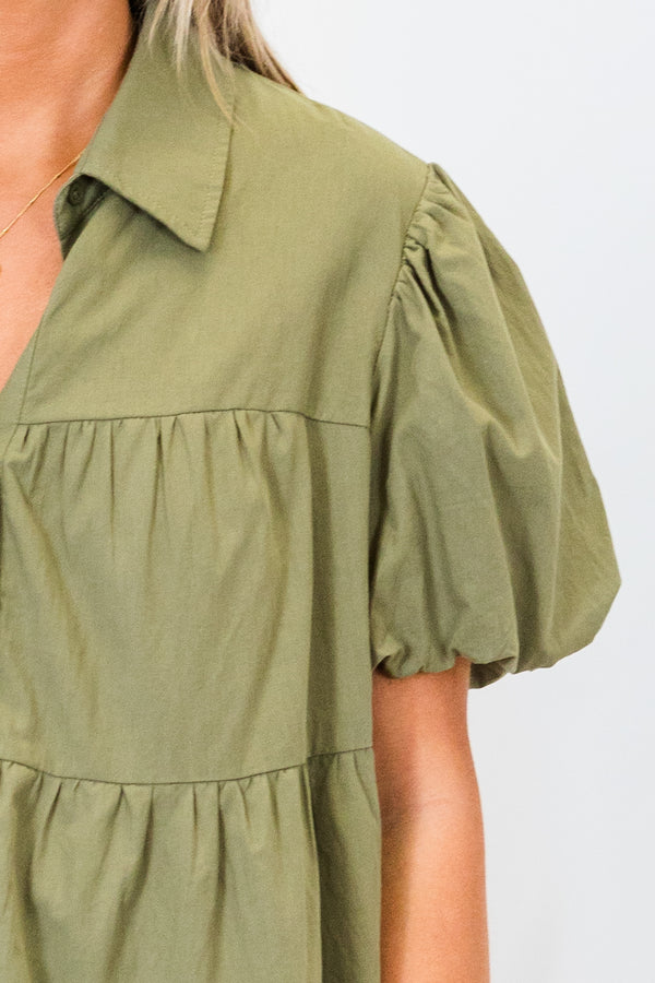 Chic Soul plus size clothing, short-sleeve olive green collared buttoned ruffled babydoll top with puffed sleeves 