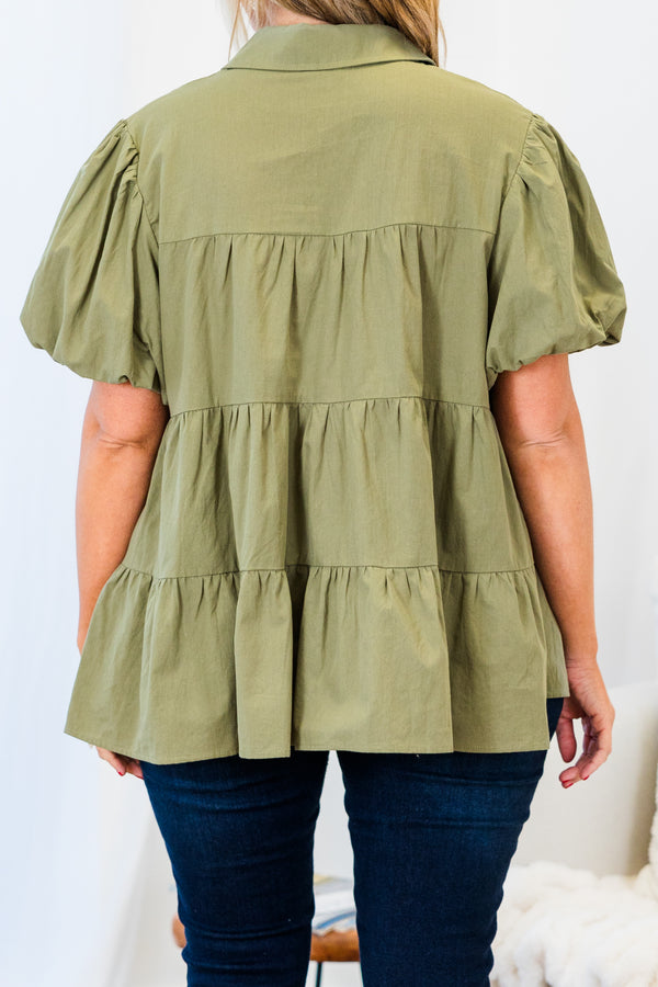 Chic Soul plus size clothing, short-sleeve olive green collared buttoned ruffled babydoll top with puffed sleeves 