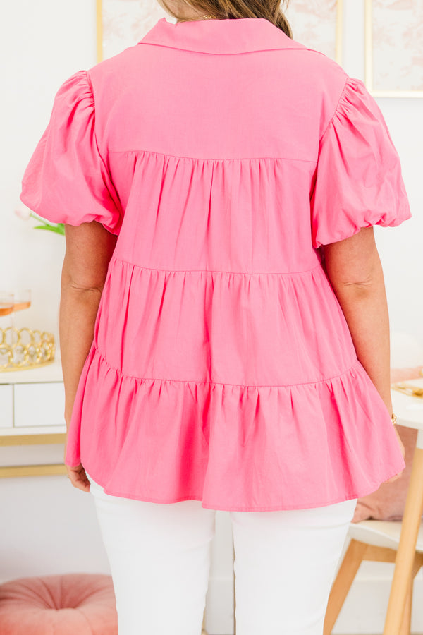 Chic Soul plus size clothing, short-puffed-sleeve pink ruffled buttoned collared babydoll top
