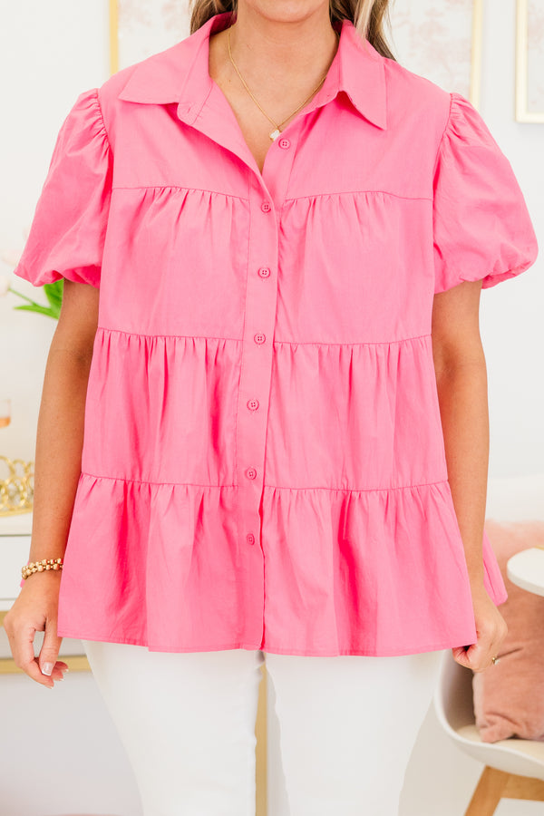 Chic Soul plus size clothing, short-puffed-sleeve pink ruffled buttoned collared babydoll top