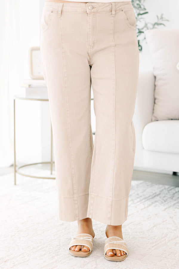 Plus Size ash mocha wide leg jeans with front seam detail and a cropped hem.