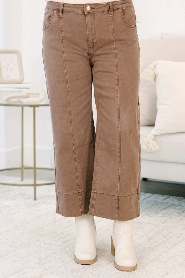 Plus Size brown wide-leg jeans with front seam detailing and a cropped hem.