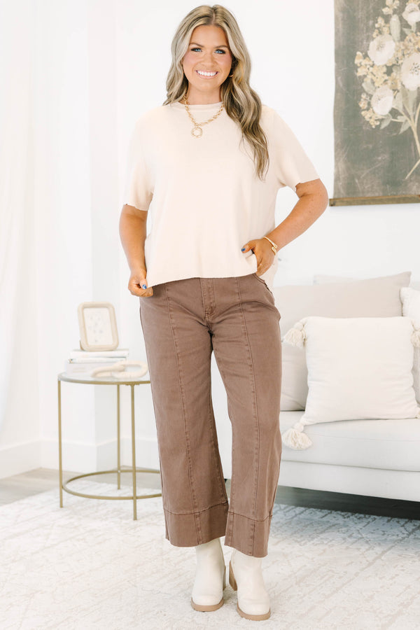 Plus Size brown wide-leg jeans with front seam detailing and a cropped hem.