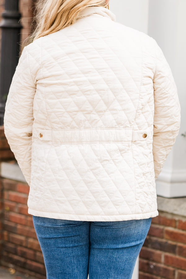 Chic Soul plus size clothing, cream quilted pattern puffer jacket with gold hardware details