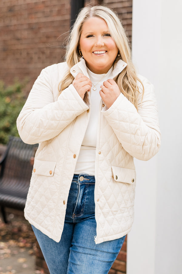 Chic Soul plus size clothing, cream quilted pattern puffer jacket with gold hardware details
