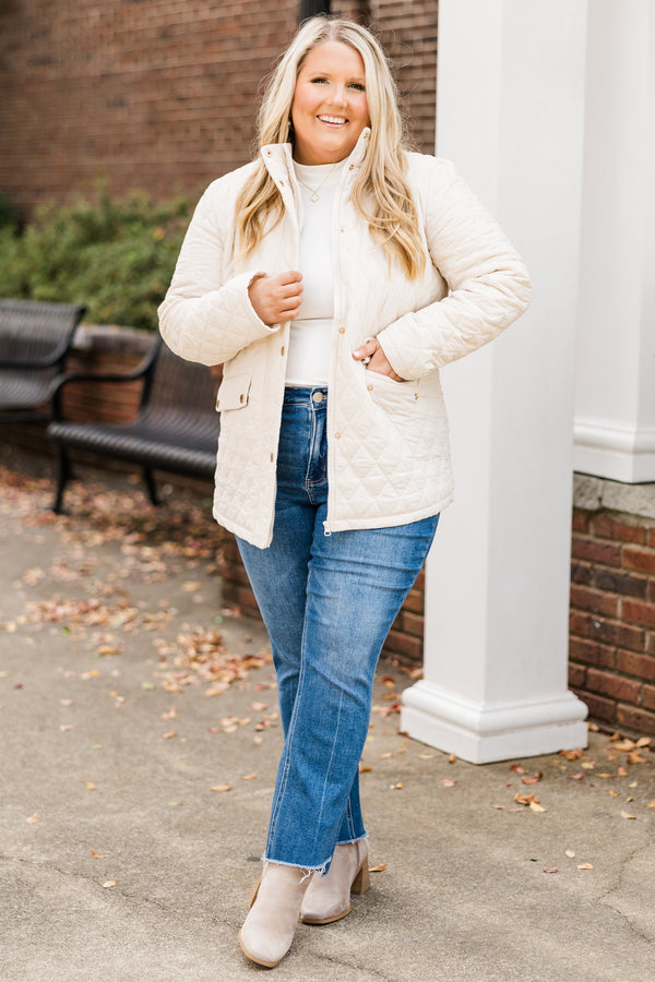 Chic Soul plus size clothing, cream quilted pattern puffer jacket with gold hardware details