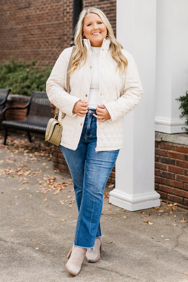 Chic Soul plus size clothing, cream quilted pattern puffer jacket with gold hardware details